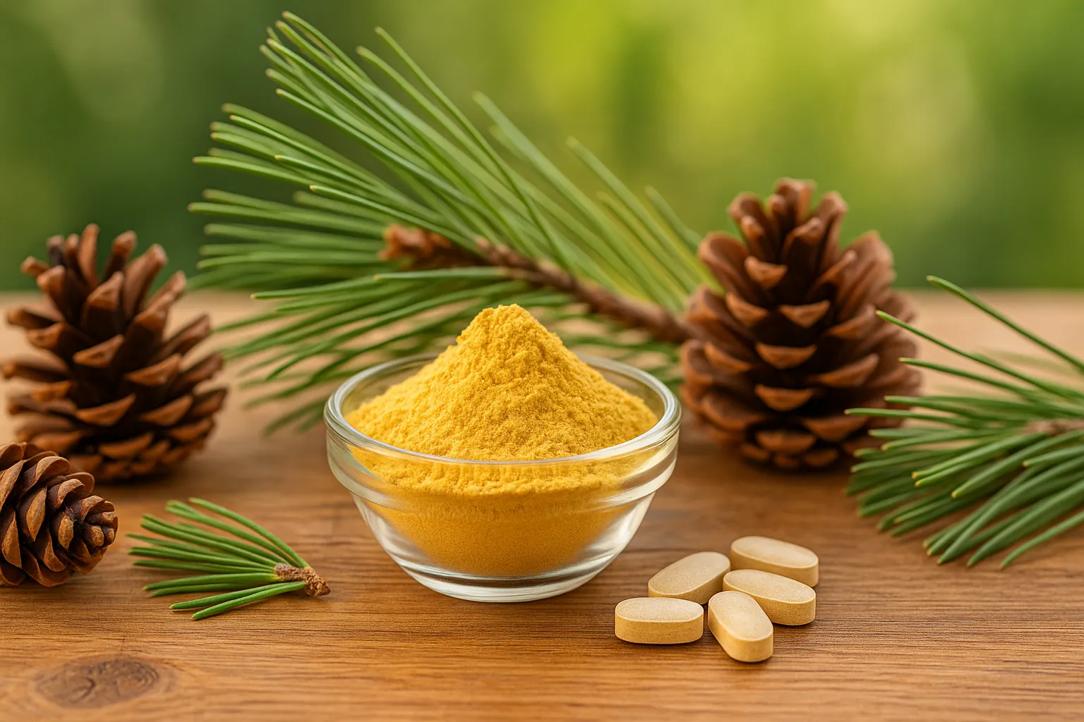 Боров прашец – суперхрана от природата върху дървена маса с шишарки и капсули