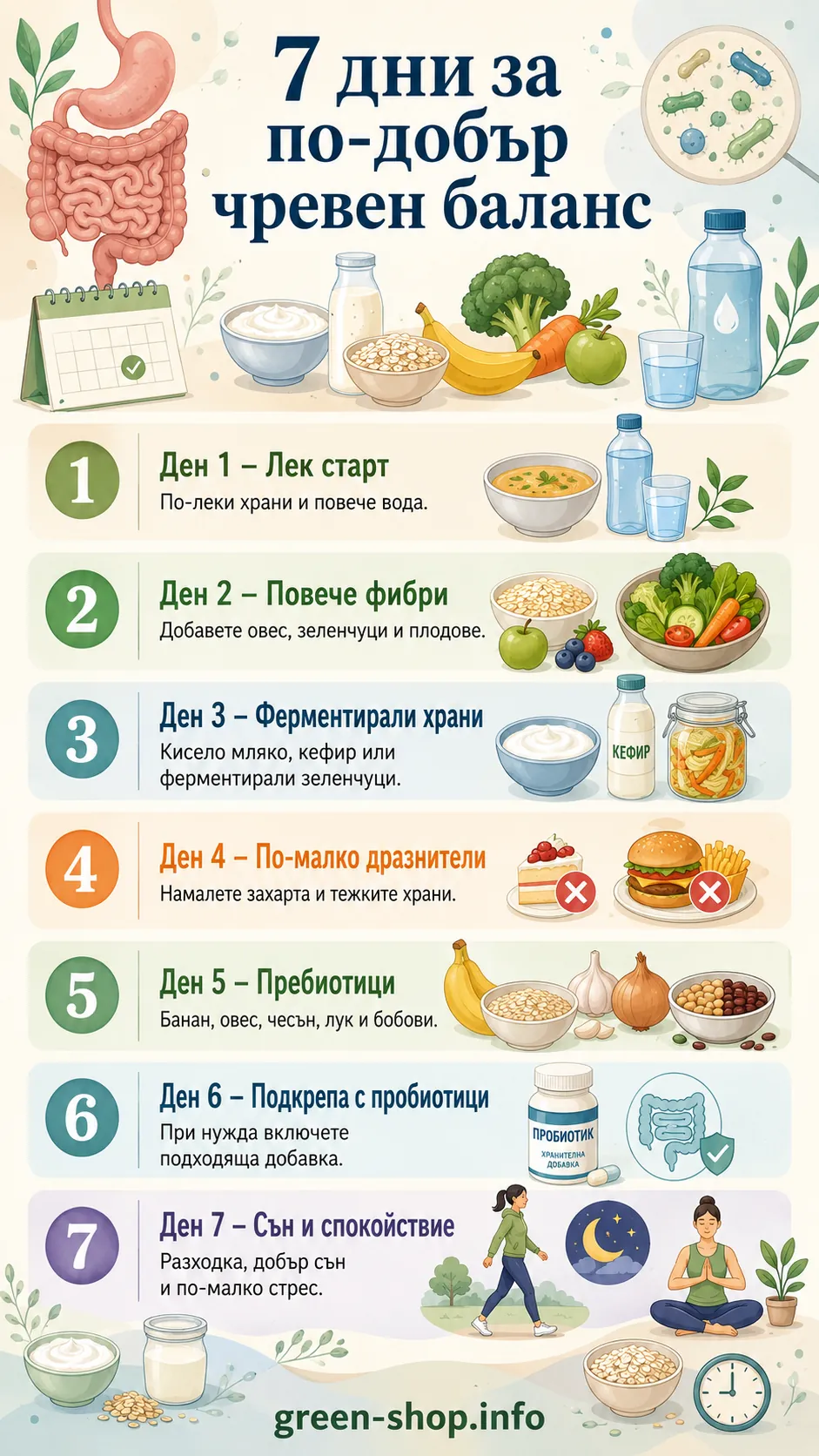 Инфографика 7 дни за по-добър чревен баланс с лек старт, повече фибри, ферментирали храни, по-малко дразнители, пребиотици, пробиотици, сън и спокойствие