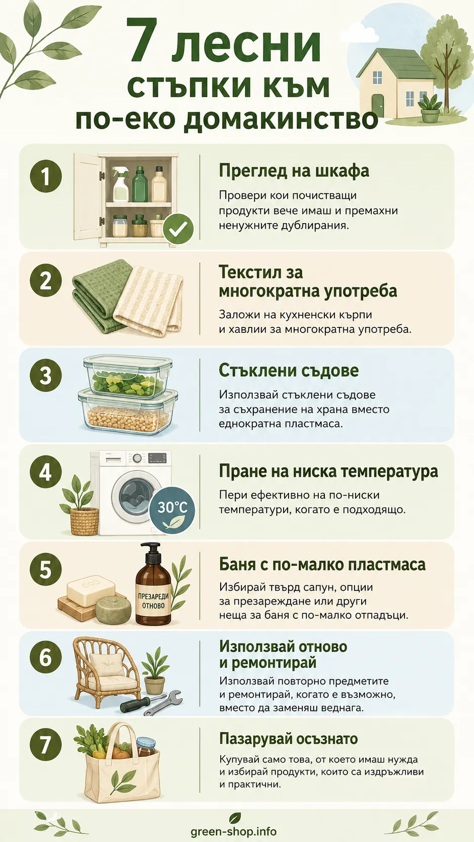 Инфографика със 7 лесни стъпки към по-еко домакинство, включваща одит на почистващите продукти, многократни кухненски кърпи, стъклени съдове, пране на ниска температура, баня без пластмаса, повторна употреба и осъзнато пазаруване.