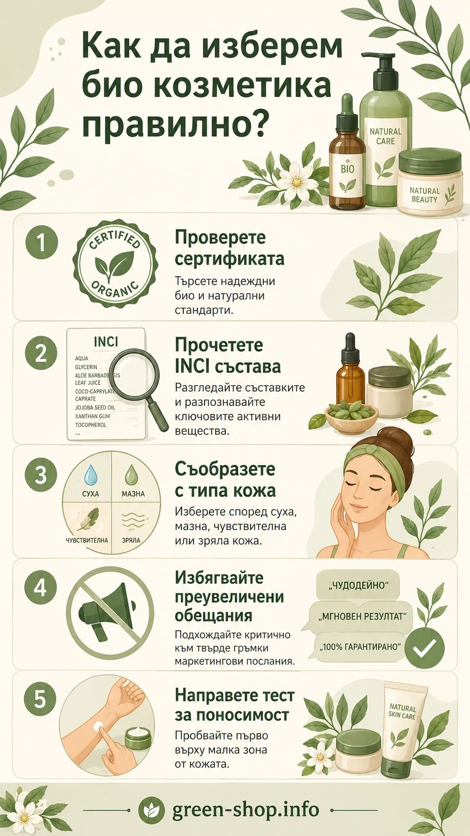 Инфографика: Как да изберем био козметика правилно – 5 стъпки за избор на био козметика според сертификат, INCI състав, тип кожа, реалистични твърдения и тест за поносимост