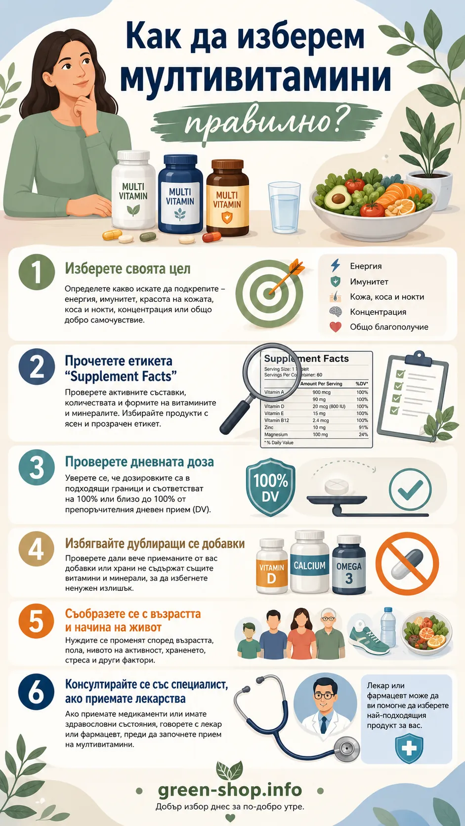 Инфографика Как да изберем мултивитамини правилно с насоки за цел, етикет Supplement Facts, дневна доза, дублиращи се добавки, възраст, начин на живот и консултация със специалист