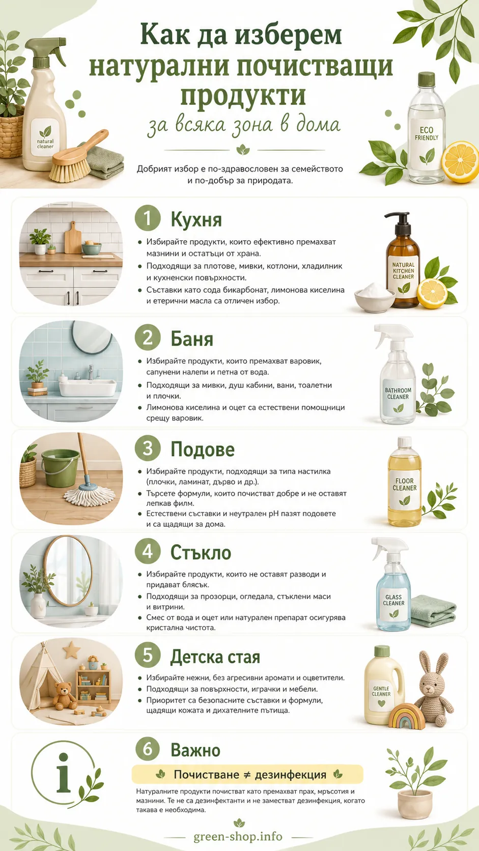Инфографика как да изберем натурални почистващи продукти за кухня, баня, подове, стъкло и детска стая