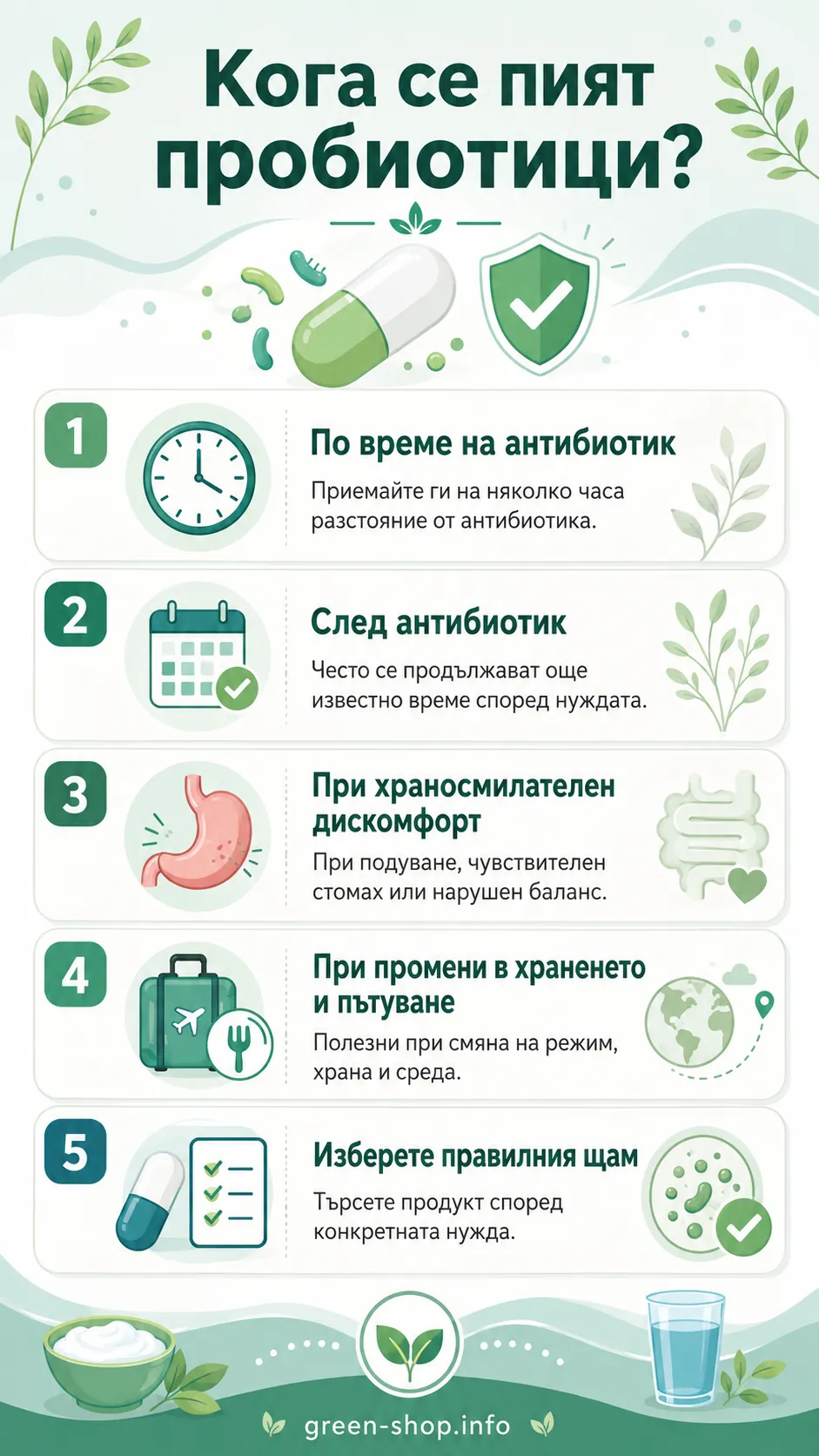 Инфографика: кога се пият пробиотици – по време и след антибиотик, при храносмилателен дискомфорт, при пътуване и как да изберем подходящ щам.